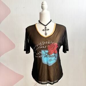 Black Mesh‎ Floral Top, Y2K 2000s Indie Sleaze Gothic Coquette Large